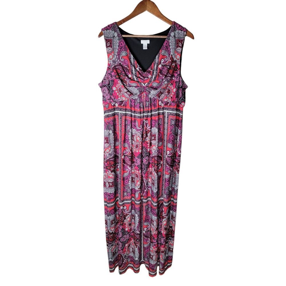 Chico's Size 3 Red‎ Pink Bandana Paisley Print V-Neck Maxi Dress